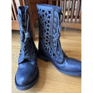 New Free People Flower Power Lace-Up Boots Size 36.6 6 1/2 navy blue laceup zip